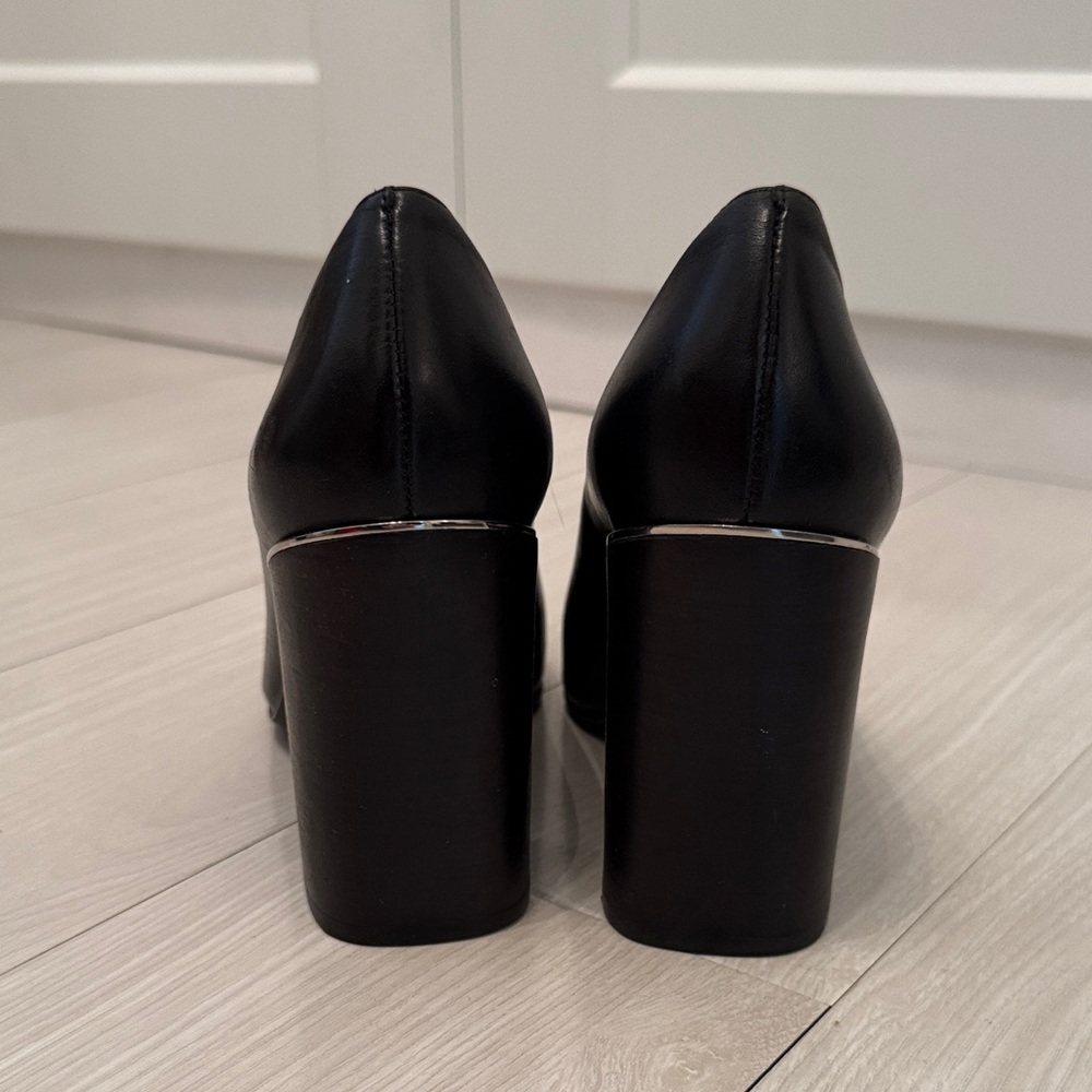AllSaints XERXES Black Pointed Leather Block-Heel Pumps - Picture 4 of 6